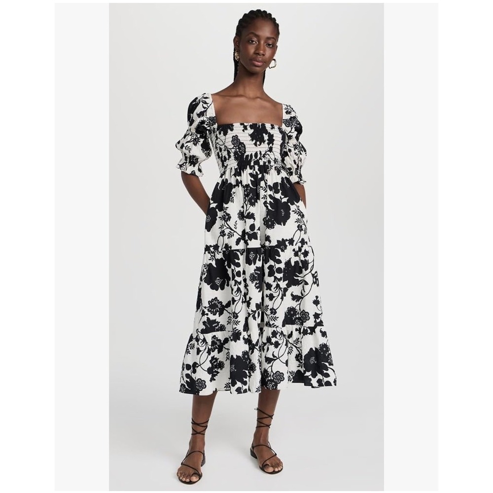MISA Los Angeles Black White Floral Smocked Midi Dress Puff Sleeve Small